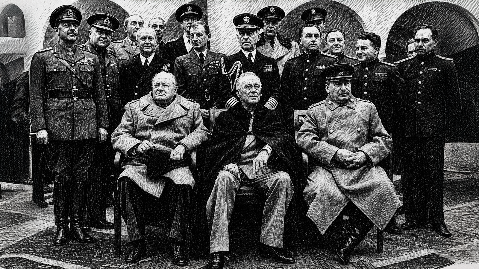 From right to left Stalin, Roosevelt, and Churchill at the Yalta Conference (1945).png
