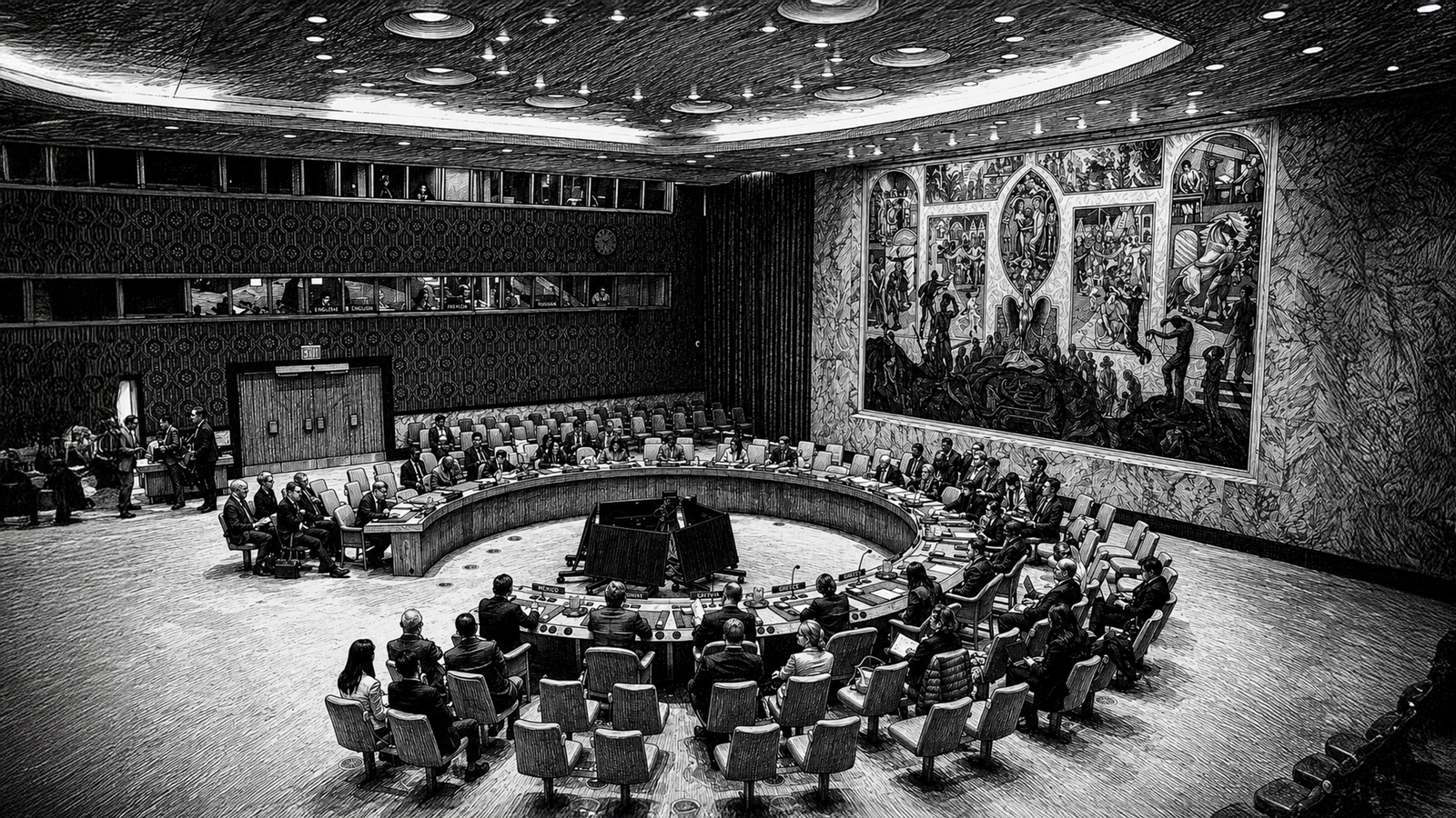 The Security Council Chamber showing the seats allocated to its permanent and non-permanent members, along with each member's accompanying delegation..png