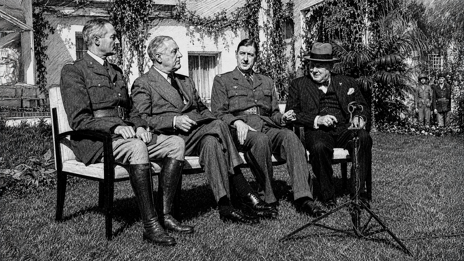 outside the Anfa Hotel in Casablanca, Morocco, in mid-January 1943, where they met to finalize the Allied strategy for the European campaign during the Second World War..png