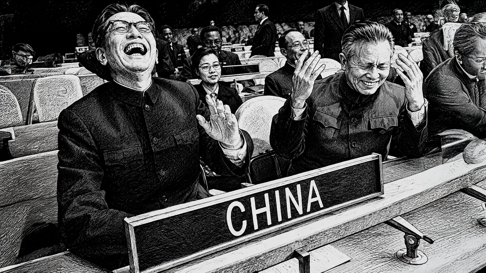 United States – November 16 – Chinese Foreign Minister Qiao Guanhua (left) and Huang Hua, the Representative of the People’s Republic of China to the United Nations, laugh as they take their seats in the United Nat.png